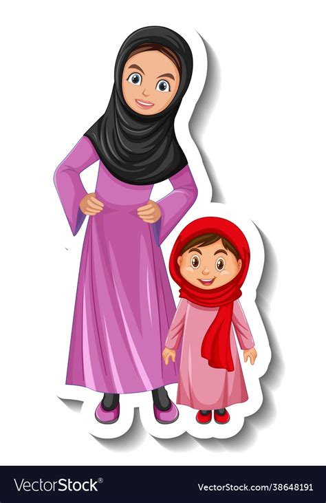 muslim mother and her daughter cartoon character vector image