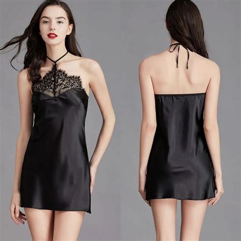 Women Sexy Black Lace Silk Halter Nightdress Erotic Lingerie Backless