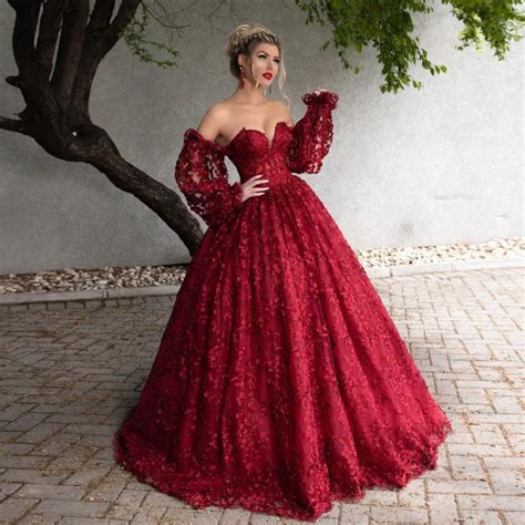 Dark Red Ball Gown Prom Formal Dress Unique Detachable Long Sleeves