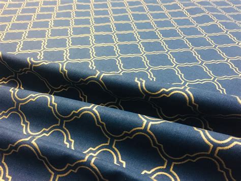 Gold Moroccan Arabic Damask Fabric Print Navy Blue Curtain Upholstery
