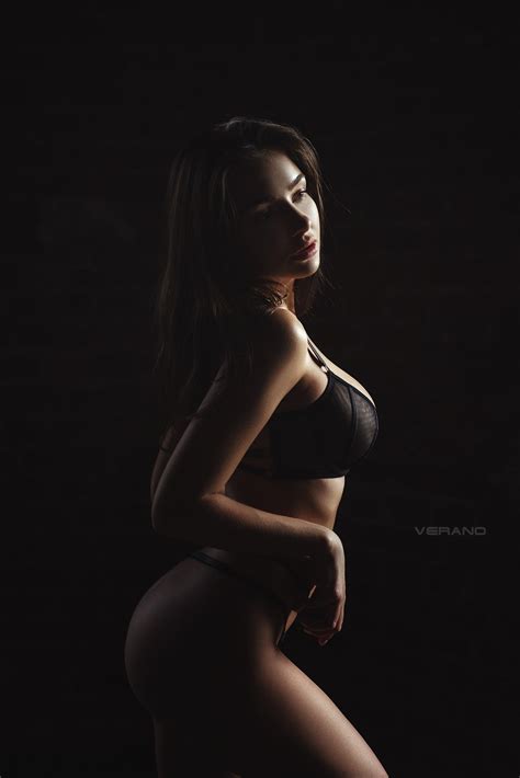 Nikolas Verano Women Model Brunette Valeria Kovalenko Looking Away Lingerie Dark
