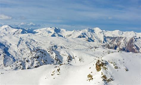 Panoramic View Of Snowy Mountain Range In Winter Stock Photo Image Of