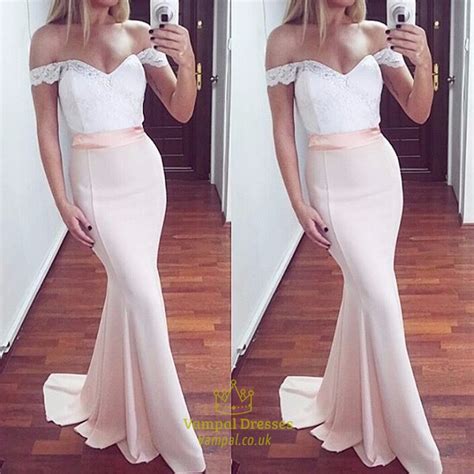 Blush Pink Off The Shoulder Lace Bodice Long Mermaid Prom Dress