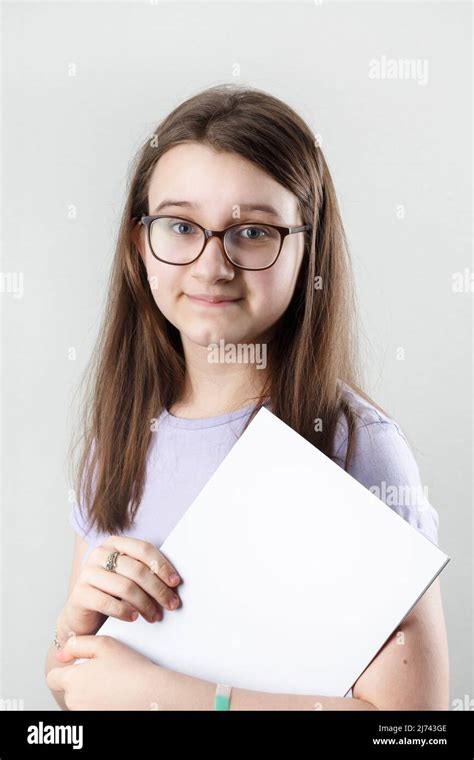 Smiling Girl Wearing Glasses With Blank Sketchbook Education Concept