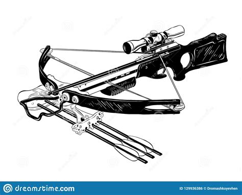 Hand Drawn Sketch Of Crossbow In Black Isolated On White Background
