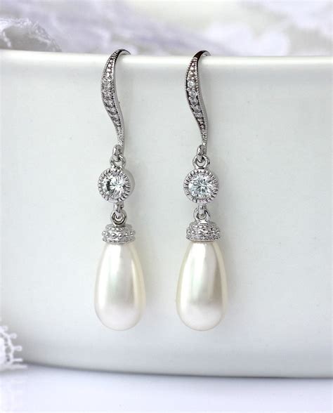 Pearl Drop Earrings Ivory Pearl Bridal Earrings Swarovski Etsy