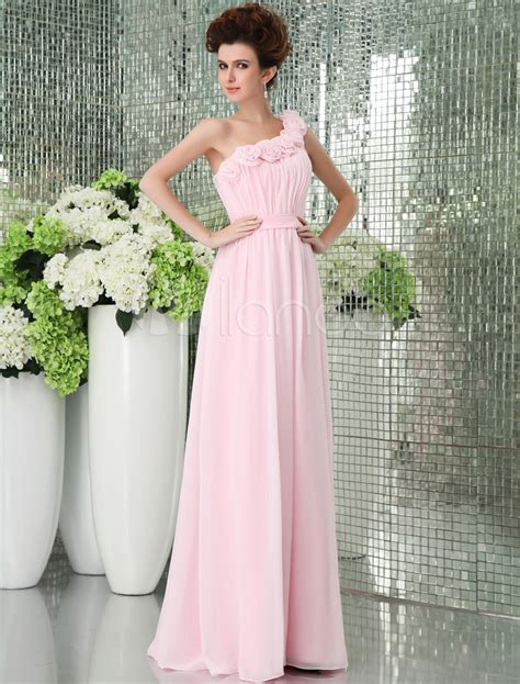 Pink One Shoulder Chiffon Floor Length Womens Bridesmaid Dress
