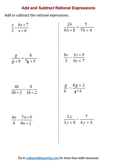 Add And Subtract Rational Expressions Worksheets Printable Online