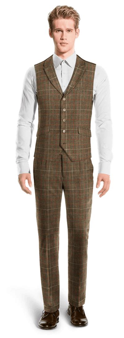 Brown Checkered Tweed Wide Lapel 3 Piece Suit And Lapeled Vest Hockerty