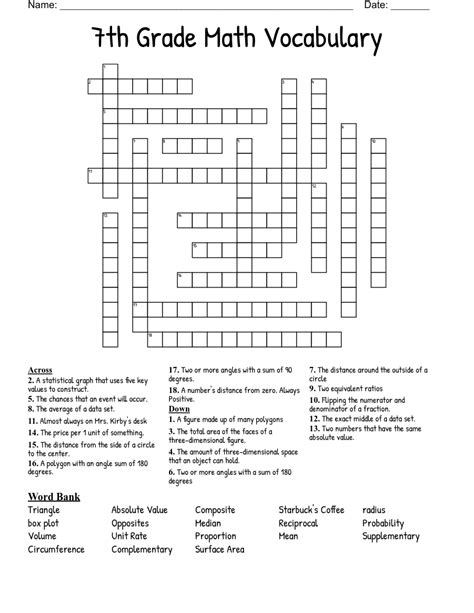 7th Grade Math Vocabulary Crossword Wordmint