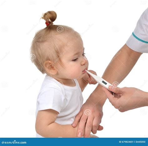 Doctor Hand Measuring Temperature To Baby Toddler Child Kid With Stock