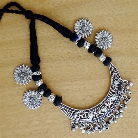 Oxidized Half Moon Pendant With Flower Motif Black Thread Necklace