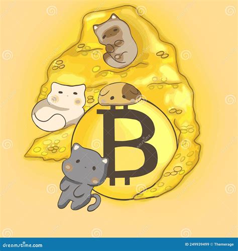 Cute Cats Sit On A Mountain Of Cryptocurrency And Play Stock Vector