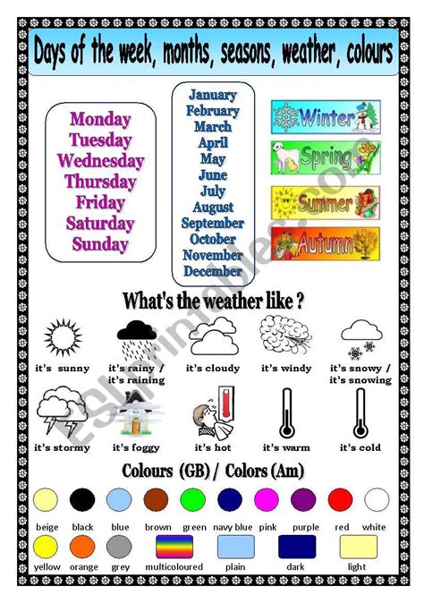 Days Of The Week Months Seasons Weather Colors Esl Worksheet By