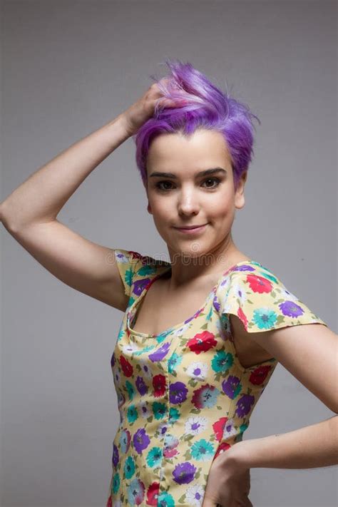 Short Haired Woman Holding Her Violet Hair With One Hand Stock Image Image Of Attractive
