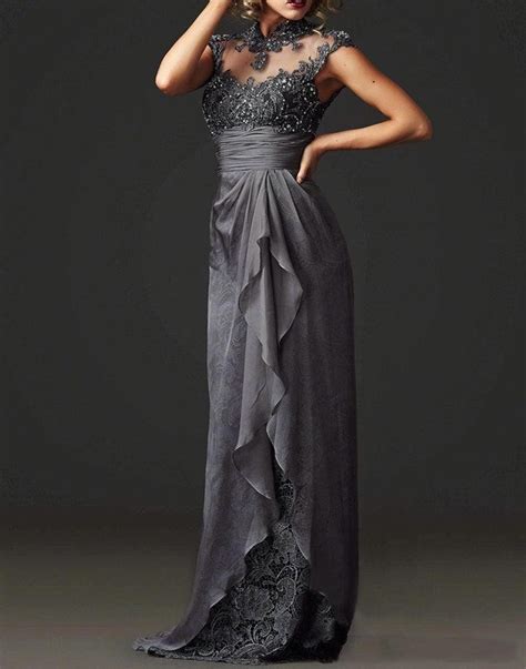 elegant mother groom evening gowns grey high neck corset mother of the bride lace dresses women