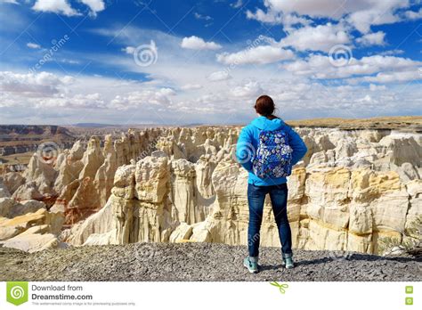 Hiker Admiring Views Of Sandstone Formations Of Coal Mine Canyon