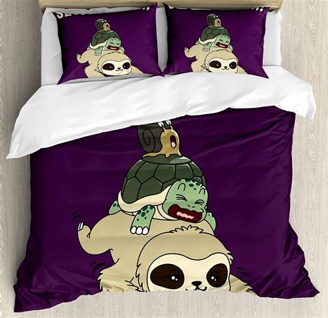 Sloth Duvet Cover Set Funny Cartoon Scenery With Sloth Turtle Snail On