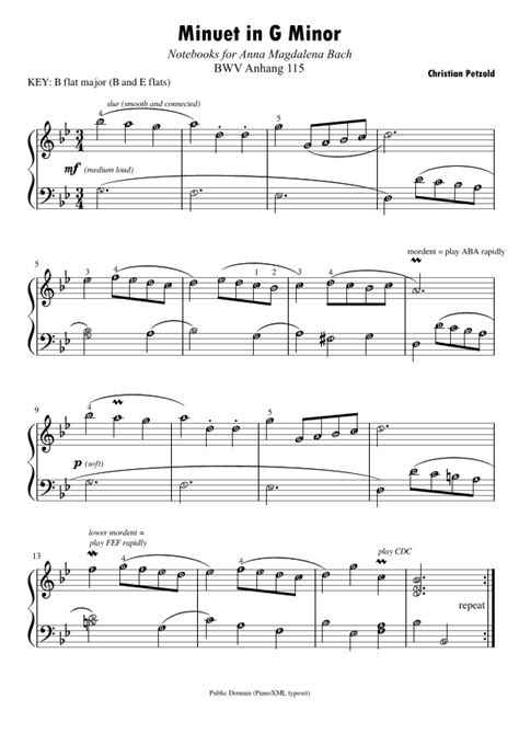 Minuet In G Minor Bach Piano Sheet Music Score With Note Names And