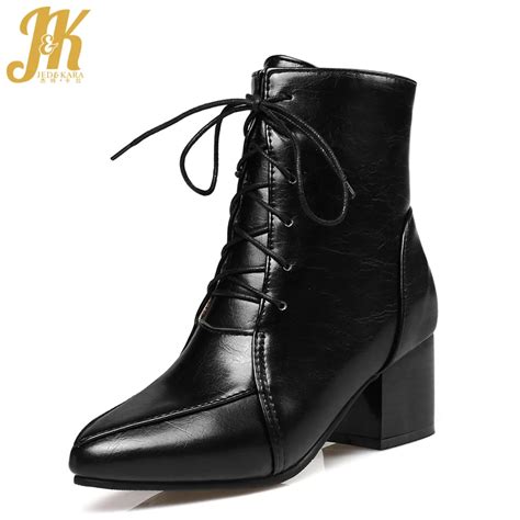 jk autumn ankle women boots high heels pointed toe footwear lace up fashion female shoes 2018
