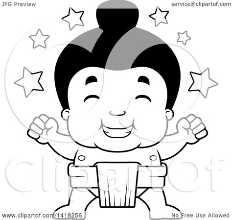 Cartoon Clipart Of A Black And White Lineart Little Sumo Wrestler