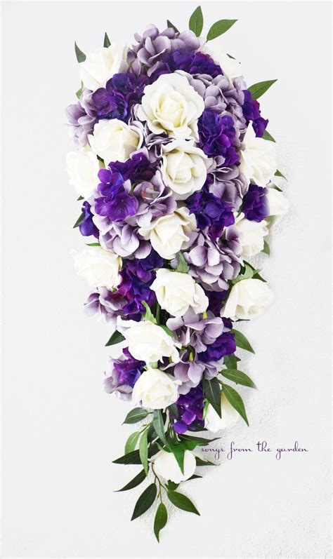 cascade bridal bouquet real touch white roses lavender purple hydrangea tear drop bouquet silk