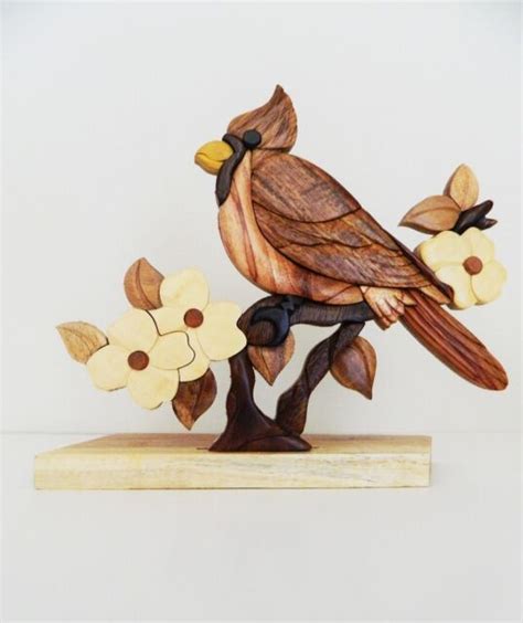Cardinal Bird Dogwood Intarsia Wood Table Top Home Decor Lodge New Ebay