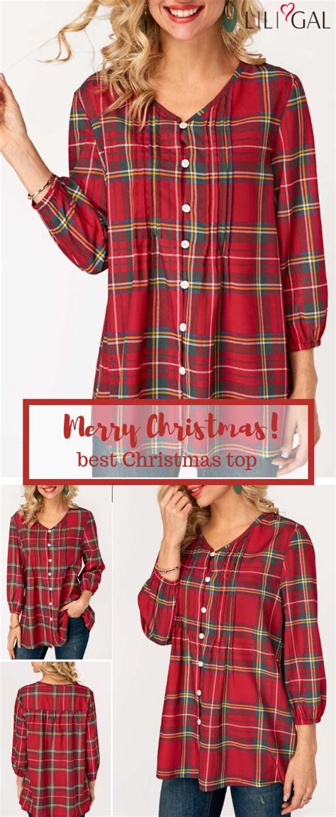 Best Christmas Wearts Red Plaid Print Blouson Sleeve Button