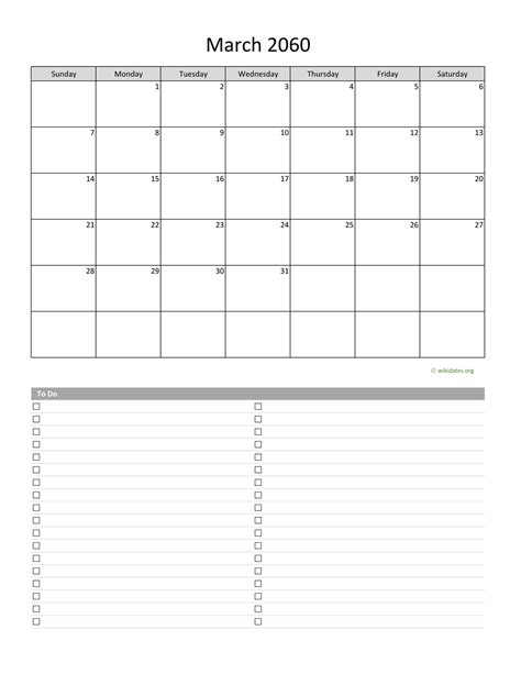 March 2060 Calendar With To Do List