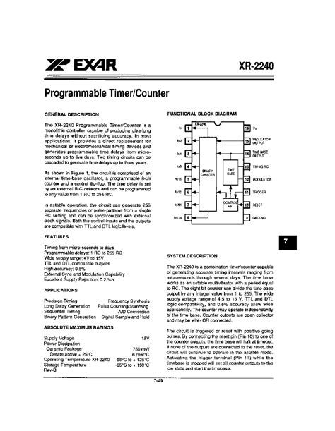 XR 2240 Datasheet 1 3 Pages EXAR PROGRAMMABLE TIMER COUNTER