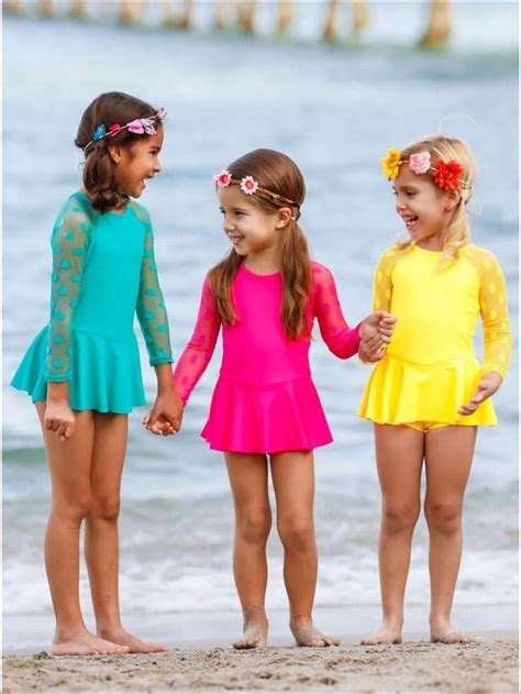 Girls Polka Dot Mesh Skirted Rash Guard One Piece Swimsuit In 2020