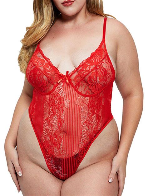 38 OFF Lace Panel High Cut Sheer Mesh Plus Size Teddy Rosegal