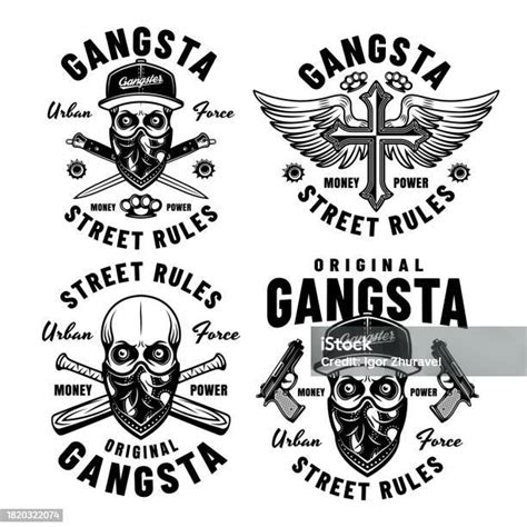 Gangsta Set Of Vector Criminal Emblems Labels Badges Or Prints In