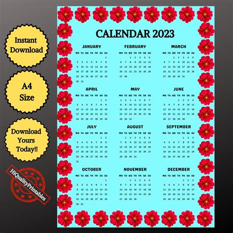 2023 Printable Calendara4 Size Wall Calendar 2023 2023 Etsy