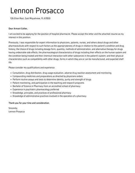 Hospital Pharmacist Cover Letter Velvet Jobs