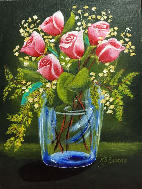 Pink Roses Ina Glass Vase By Kathy Evens Very Lovely Kathy Flower Painting Rose Flower
