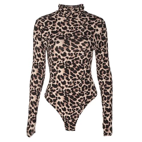 S L Leopard Bodysuit For Women Sexy Bodycon Skinny Body Suit Turtleneck Long Sleeve Playsuit