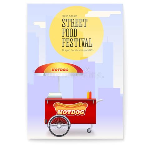 Poster With Fast Food Cart On Backdrop Of Big City Template For Street