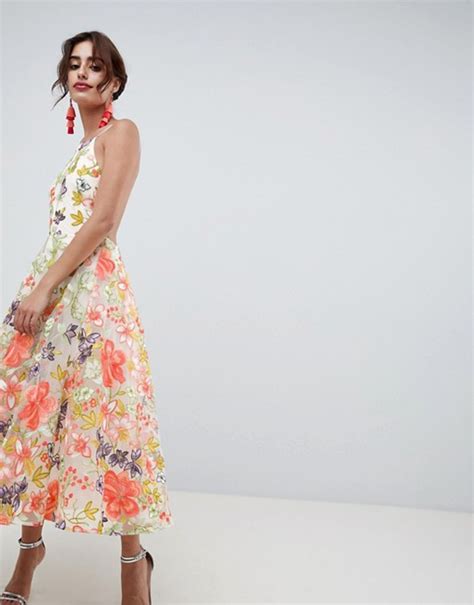 Asos Edition Floral Embroidered Halter Prom Midi Dress Asos