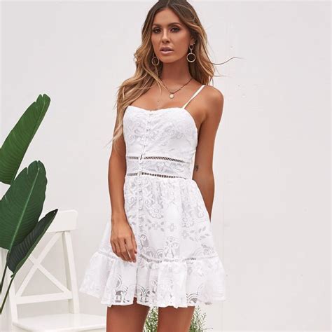 Women White Lace Dress Summer Floral Flower Button Sexy Girl Strappy Ruffles Backless Dresses