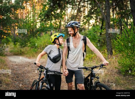 Cycling People Couple Cycle Mtb Trail Track Outdoor Sport Activity Couple With Bikes In