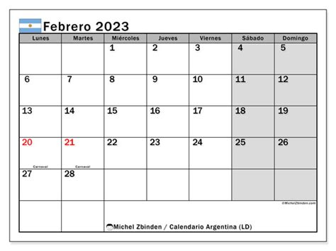 Calendario Febrero De 2023 Para Imprimir “argentina Ld” Michel