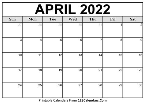 Printable April 2022 Calendar Templates