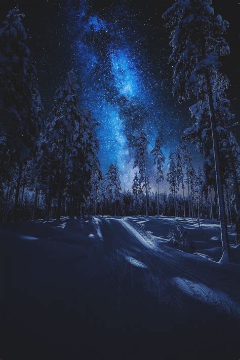 Mystical Scene With The Winter Snow And Blue Night Sky Filled With Stars