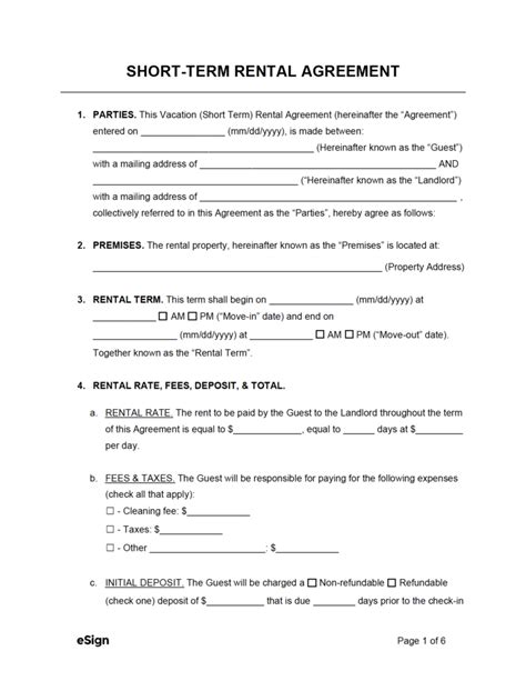 Free Short Term Vacation Lease Agreement Template Pdf Word