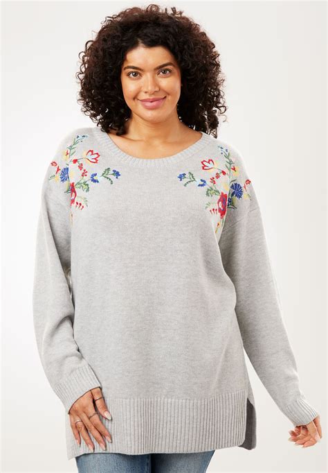 Floral Embroidered Pullover Sweater Plus Size Sweaters Woman Within
