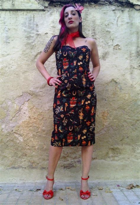 Tattoo Print Dress In Black Strapless Fitted Dress Tattoo