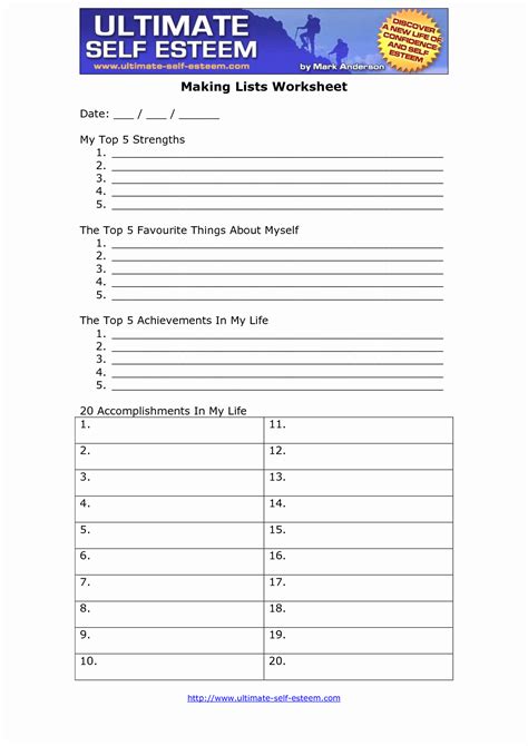 Printable Self Esteem Worksheets For Adults