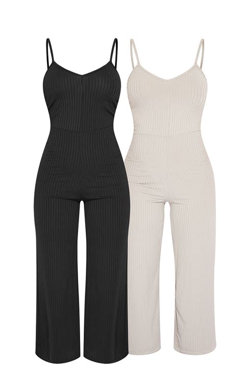 Black And Grey 2 Pack Ribbed Culotte Jumpsuit Prettylittlething Usa