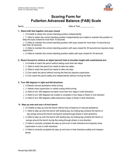 Scoring Form For Fullerton Advanced Balance Fab Scale